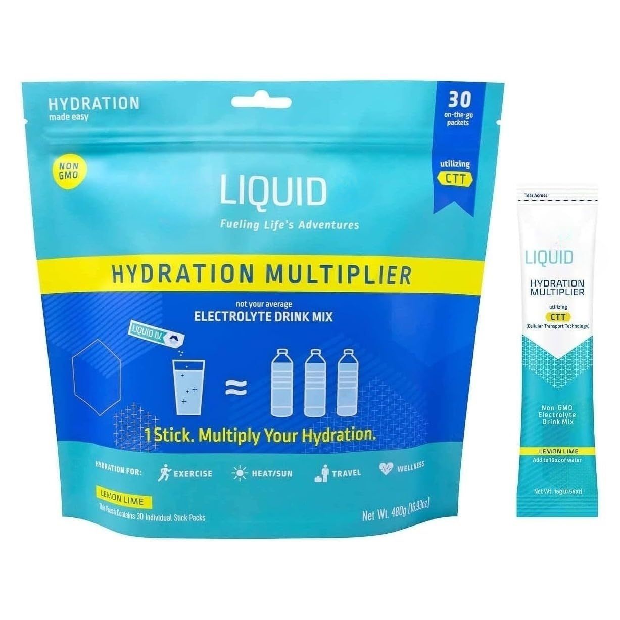 Liquid Hydration Multiplier Lemon Lime Flavor, 30 Individual Serving Stick Packs in Resealable Pouch for Sports Nutrition Supplements