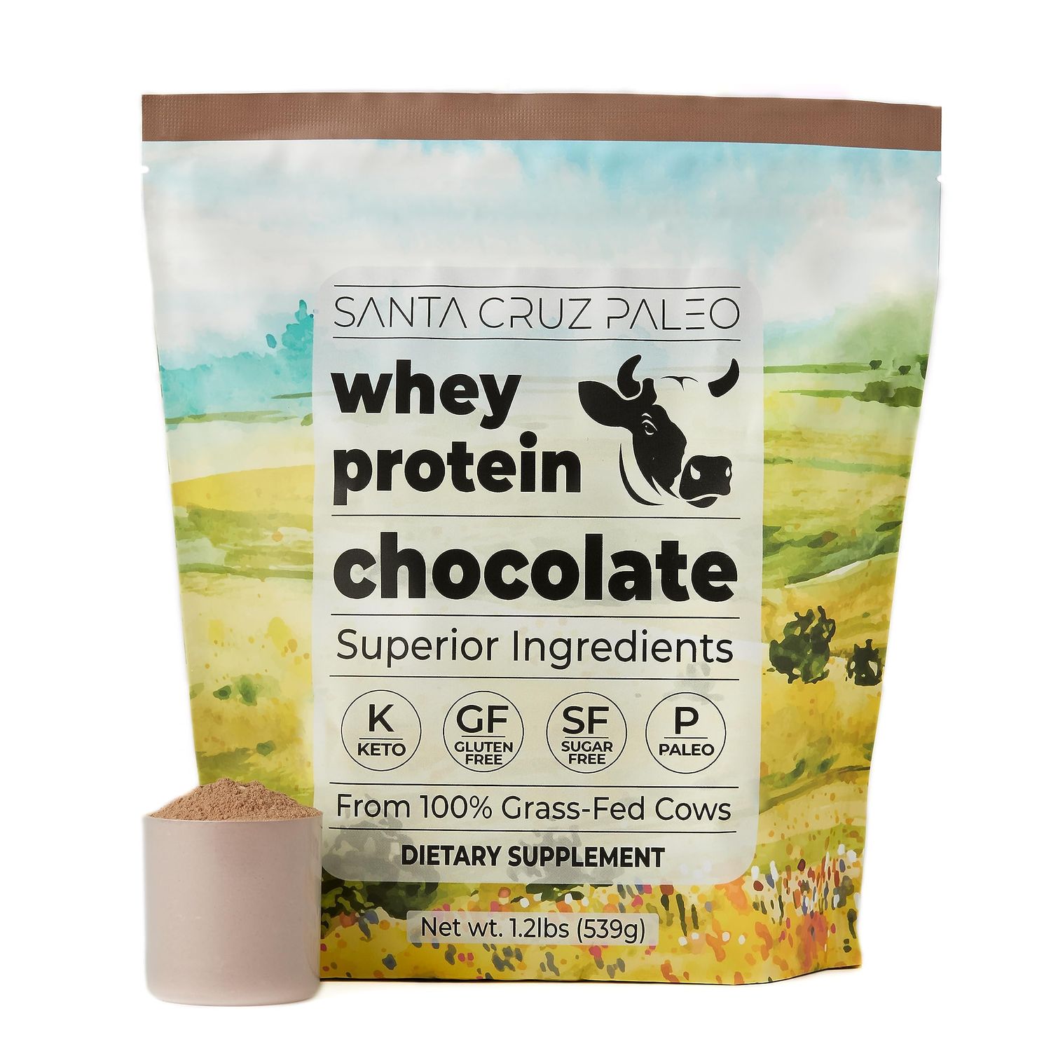 Santa Cruz Paleo Whey Protein Powder, Chocolate, 20g Grass Fed Whey Protein Isolate Per Serving, Gluten Free, Keto, Sugar Free, Paleo, Amino Acids Post Workout Muscle Support, 20 Servings, 1.2lb Bag