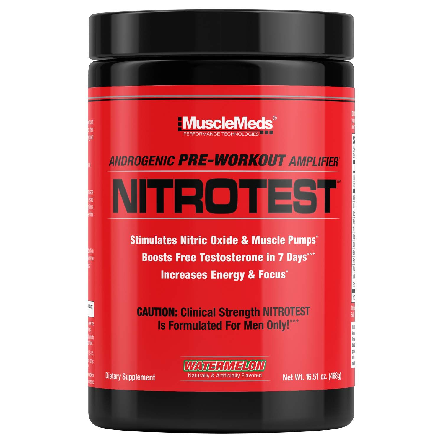 MuscleMeds Nitrotest Pre-Workout Supplement Drink, Boost Nitric Oxide, Testosterone, Watermelon, 30 Servings, 1.03 Pound, 1 Count