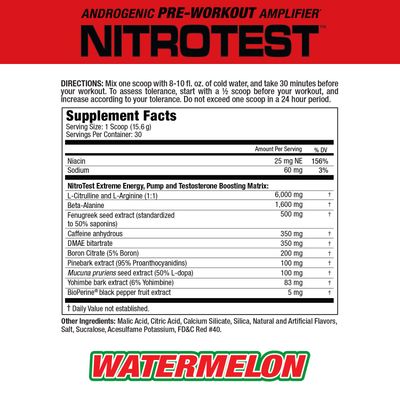 MuscleMeds Nitrotest Pre-Workout Supplement Drink, Boost Nitric Oxide, Testosterone, Watermelon, 30 Servings, 1.03 Pound, 1 Count