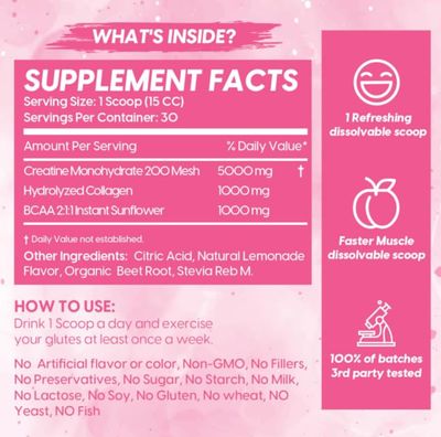 Booty Pump Formula - Pink Lemonade Creatine Blend for Women, BCAAs & Collagen, Muscle Gain & Booty Growth Enhancer, Grit-Free Formula Creatina Para Mujeres Queratina Para Musculos