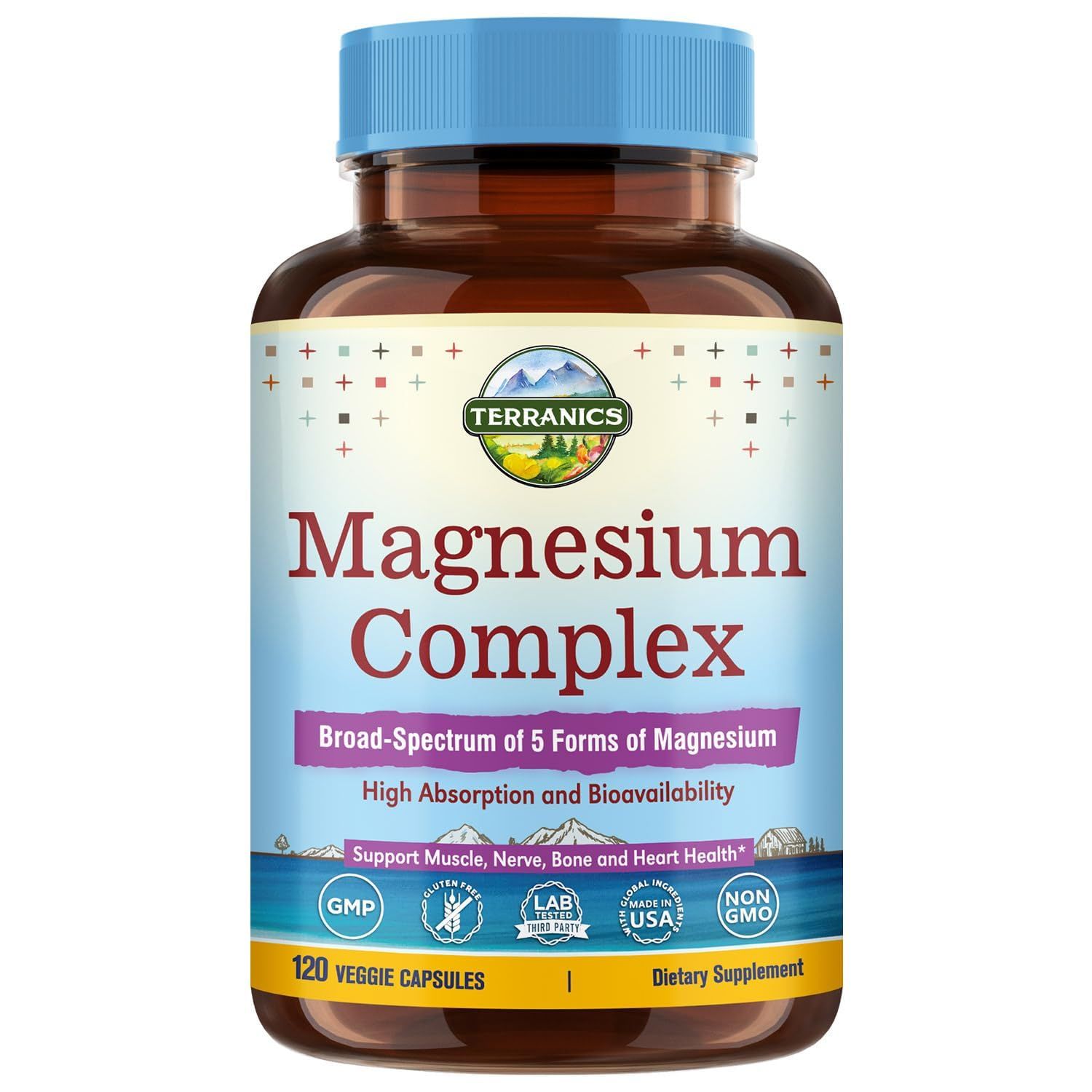 Terranics 5-in-1 Magnesium Complex Supplement 500mg - 5 Forms High Absorption Magnesium Glycinate Citrate Malate Aspartate Gluconate - Non-GMO 120 Vegan Magnesio Capsule for Sleep Muscle Heart Health