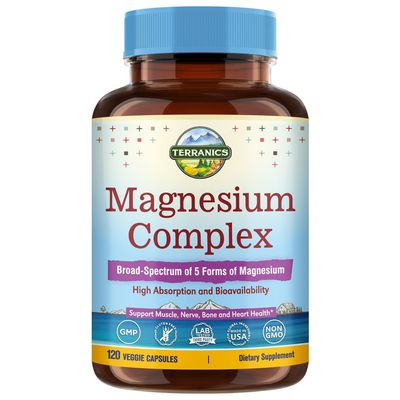 Terranics 5-in-1 Magnesium Complex Supplement 500mg - 5 Forms High Absorption Magnesium Glycinate Citrate Malate Aspartate Gluconate - Non-GMO 120 Vegan Magnesio Capsule for Sleep Muscle Heart Health