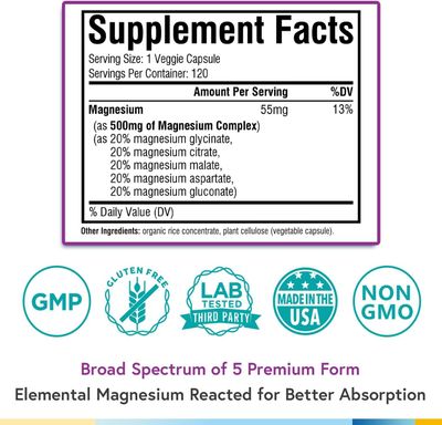 Terranics 5-in-1 Magnesium Complex Supplement 500mg - 5 Forms High Absorption Magnesium Glycinate Citrate Malate Aspartate Gluconate - Non-GMO 120 Vegan Magnesio Capsule for Sleep Muscle Heart Health