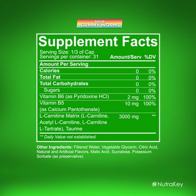 NutraKey L-Carnitine 3000mg, No Sugar, Gluten Free, Turn Into Fuel, (Sour Gummy Worms) 31 Servings