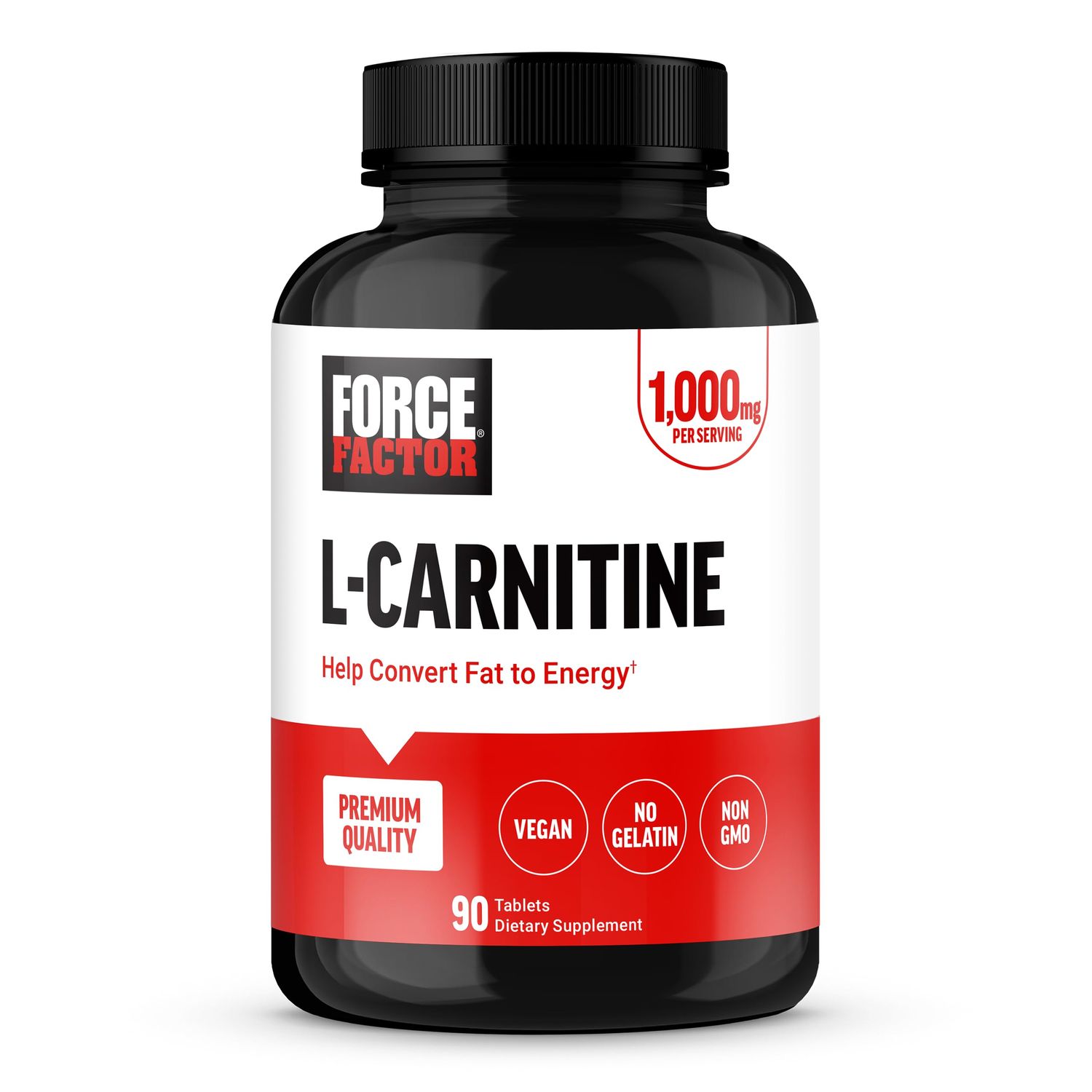 FORCE FACTOR L-Carnitine Supplement, L Carnitine Tartrate 1000mg Capsules to Convert Fat Into Energy, Support Muscle Recovery, and Boost Exercise Performance, Vegan, Non-GMO, 90 Tablets