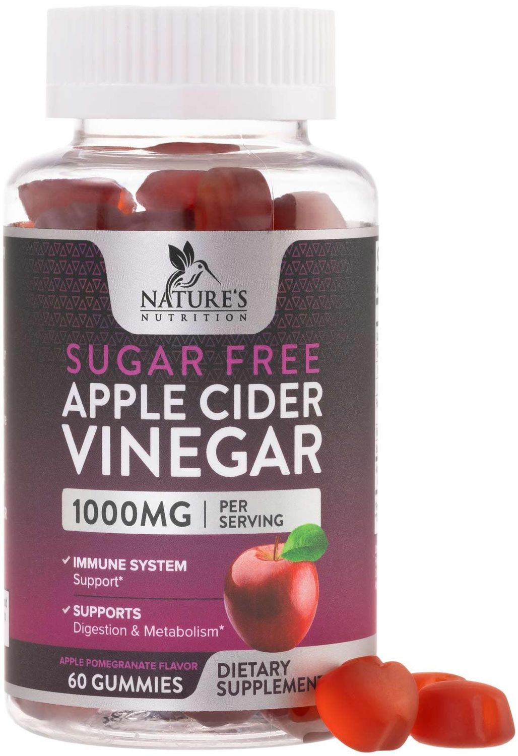 Nature&#39;s Nutrition Apple Vinegar Gummy for Weight Loss 1000mg - Vegan Apple Cider Vinegar Gummies for Detox &amp; Cleanse, ACV Supplement Pills, Vitamin B12, Sugar Free ACV Gummy, Non-GMO - 60 Gummies