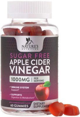 Nature&#39;s Nutrition Apple Vinegar Gummy for Weight Loss 1000mg - Vegan Apple Cider Vinegar Gummies for Detox &amp; Cleanse, ACV Supplement Pills, Vitamin B12, Sugar Free ACV Gummy, Non-GMO - 60 Gummies