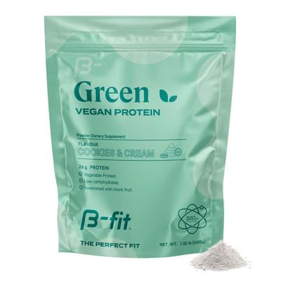 B-FIT B Vegan Pea Protein Powder 600g - Plant Based Protein Shake - Cookies &amp; Cream Flavor - 19 Servings - Sugar-Free &amp; Gluten-Free - 26g of Organic Pure Protein