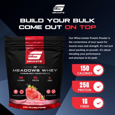 Granite Supplements The Meadows Whey Protein Isolate - (30 Servings) Whey Protein Powder - 140 Calories, 1g Fiber, 1g Sugar Protein Whey for Lean Muscle - Fresh Strawberry Flavored Protein Powder