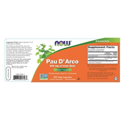 Now Foods PAU D' Arco, 500 mg, 250 Veg Capsules