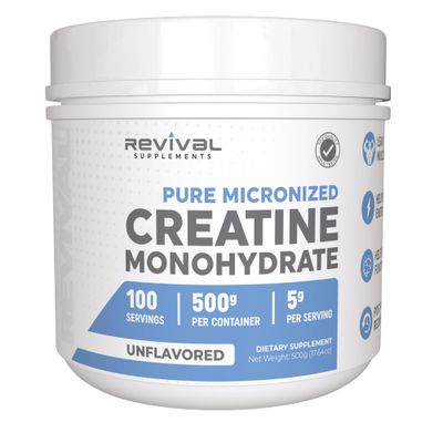 Revival Premium Micronized Creatine Monohydrate - HPLC Tested 100% Pure Grade - 500g (100 Servings) - Supports Lean Muscle Growth - Maximum Absorption - Unflavored - Made in USA &amp; 3rd Party Lab Tested