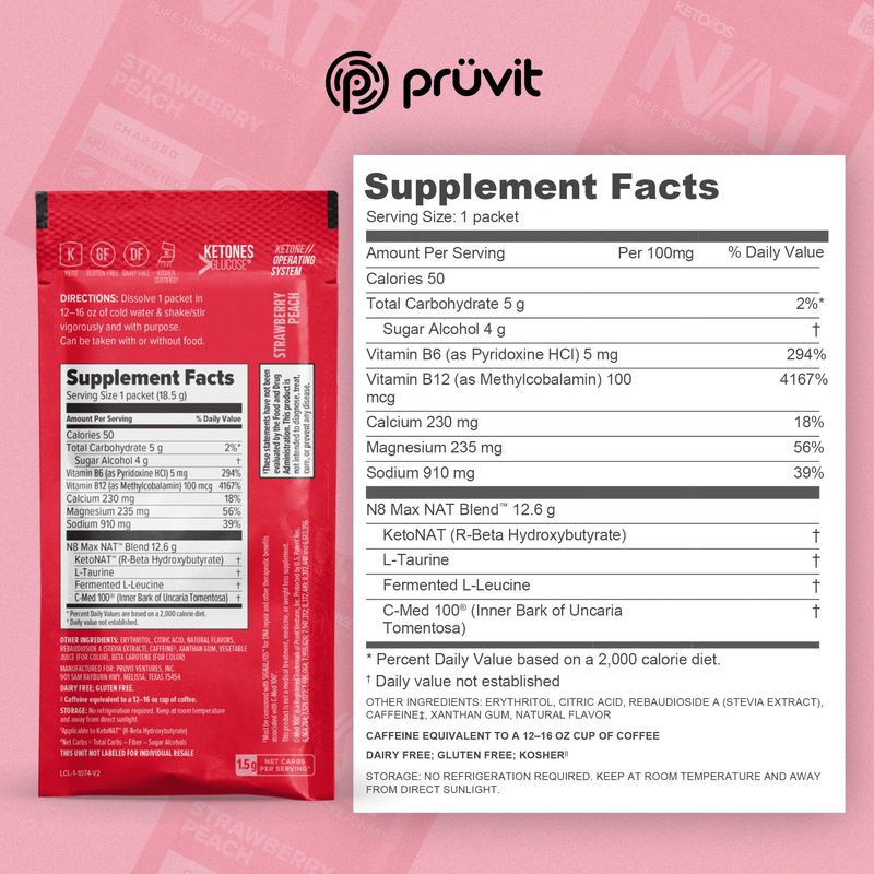 PRVIT Keto//OS NAT Strawberry Peach Keto Supplements - Charged - Exogenous Ketones - BHB Salts Ketogenic Supplement for Workout Energy Boost for Men and Women (20 Count)