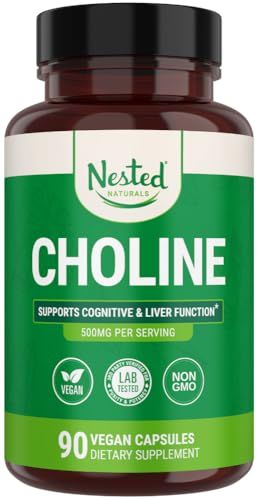 Nested Naturals Choline Bitartrate 500mg - High Potency Choline Supplements - Supports Cognitive Performance &amp; Liver Function - 100% Vegan &amp; Non-GMO Choline - 90 Vegan Capsules