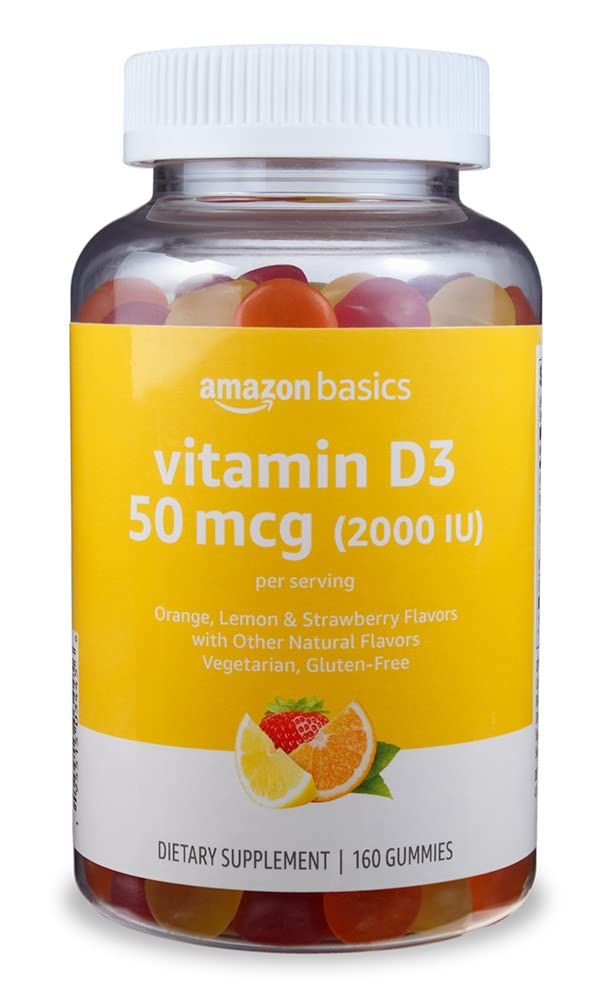 Amazon Basics Vitamin D3 2000 IU Gummies, Orange, Lemon &amp; Strawberry, 160 Count (2 per Serving) (Previously Solimo)