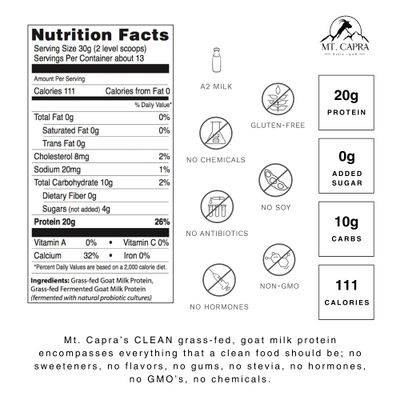Mt Capra Clean Whole Protein + Fermented Protein | Easy to Digest Whey and Casein Protein from Grass-Fed Goats - 20 G Protein per Serving | Unflavored 13 Servings