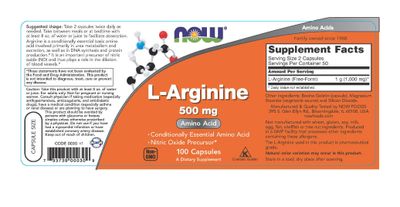 NOW FOODS Arginine 500mg Capsules, 100 CT