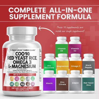 Clean Nutraceuticals COQ10 Red Yeast Rice Omega 3 Magnesium Complex Niacin Zinc Vitamin K2 D3 - Heart Support Vitamins for Women &amp; Men w/Vitamin B3, Coenzyme Q10-60 Ct