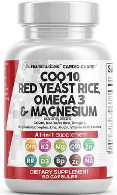 Clean Nutraceuticals COQ10 Red Yeast Rice Omega 3 Magnesium Complex Niacin Zinc Vitamin K2 D3 - Heart Support Vitamins for Women &amp; Men w/Vitamin B3, Coenzyme Q10-60 Ct
