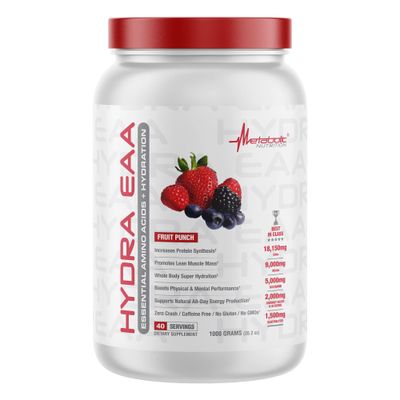 Metabolic Nutrition Hydra EAA, 1000g of Essential Amino Acids + Hydration, EAAs, BCAAs, Glutamine, Electorlytes, Coconut Water &amp; Glycerol, Amazing Flavors (Fruit Punch, 1000g)