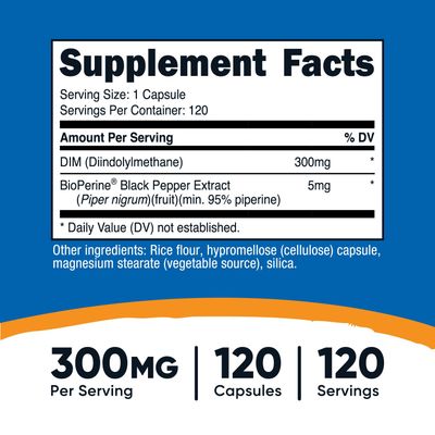 Nutricost DIM (Diindolylmethane) Plus BioPerine 300mg, 120 Vegetarian Capsules - Up to 4 Month Supply, Max Strength DIM Supplement