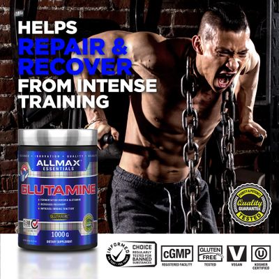 ALLMAX Essentials GLUTAMINE - 100 g Powder - Fermentation-Derived Glutamine - Increases Recovery &amp; Supports Immune System - Gluten Free &amp; Vegan - 20 Servings