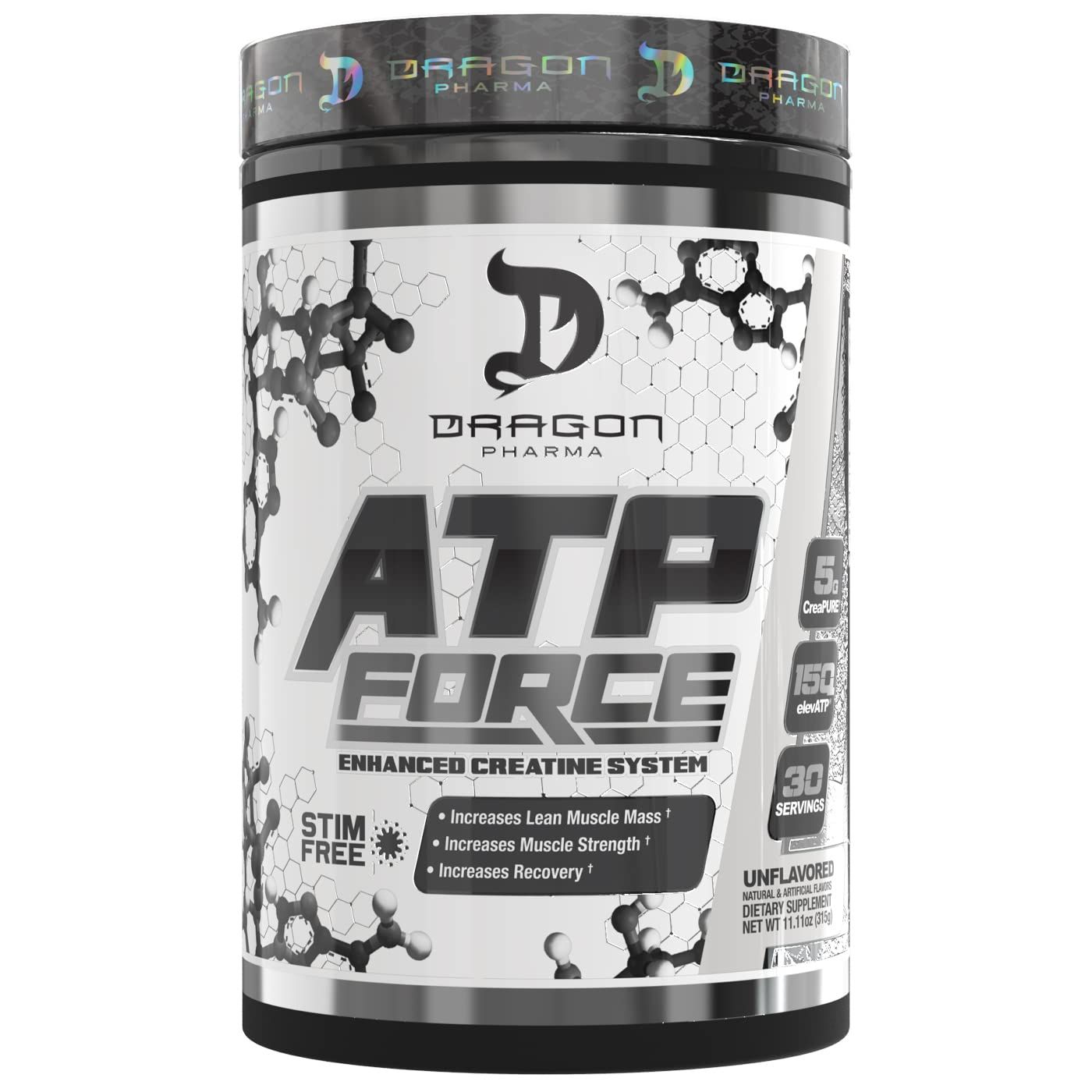 DRAGON PHARMA ATP Force Enhanced Creatine System, Stim-Free, Increase Lean Muscle Mass &amp; Recovery, 5 Grams of CreaPure, Improves Blood Flow (30 Servings, Unflavored)