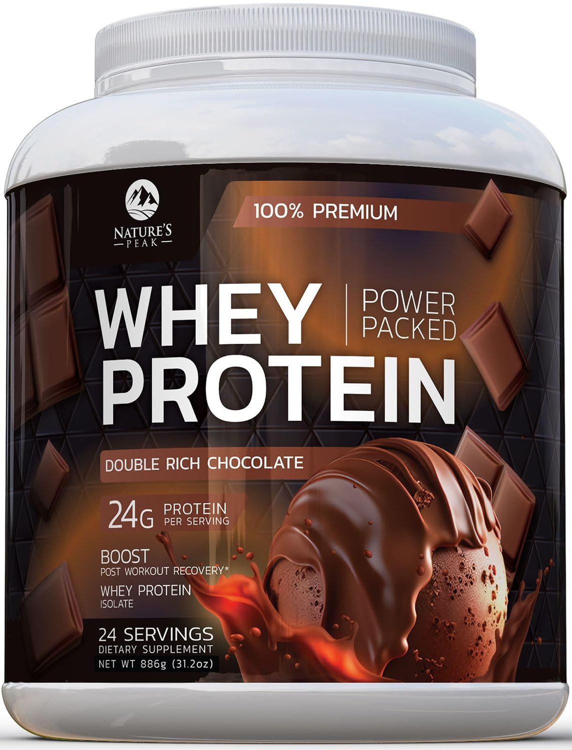 Premium 100% Whey Protein Powder 24g, Double Rich Chocolate, Advanced Isolate Protein for Muscle Gain, Recovery &amp; Immune System Support, No Added Sugar, For Shakes &amp; Chocolate Smoothies - 24 Servings