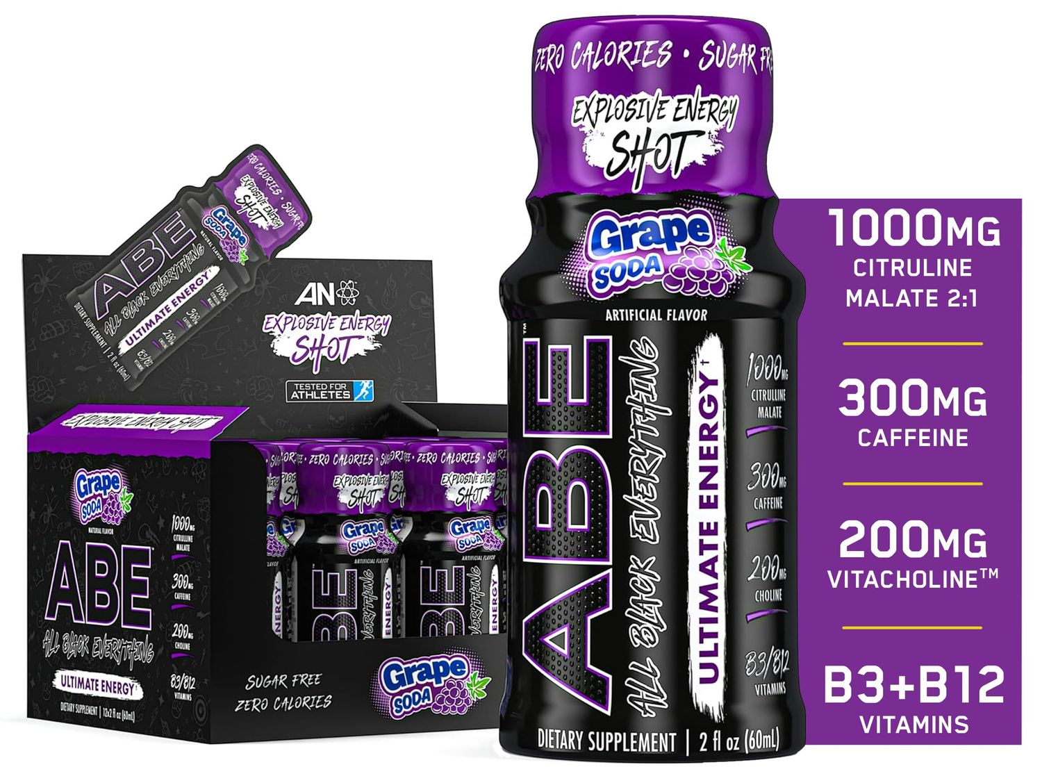 All Black Everything Energy Shots | 12 Pack | 300mg Caffeine | Grape Soda | Zero Sugar | Energy + Focus Supplement | Nootropic Blend for Gym or Work