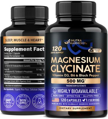 Magnesium Glycinate 500 mg - Chelated Supplement - 98% High Absorption - Support for Sleep, Muscle &amp; Heart Health - Made in USA, Lab Tested &amp; Non-GMO - 120 Capsules