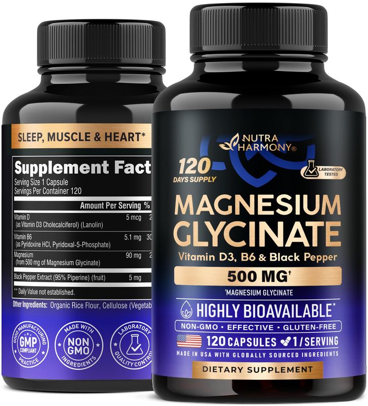 Magnesium Glycinate 500 mg - Chelated Supplement - 98% High Absorption - Support for Sleep, Muscle &amp; Heart Health - Made in USA, Lab Tested &amp; Non-GMO - 120 Capsules