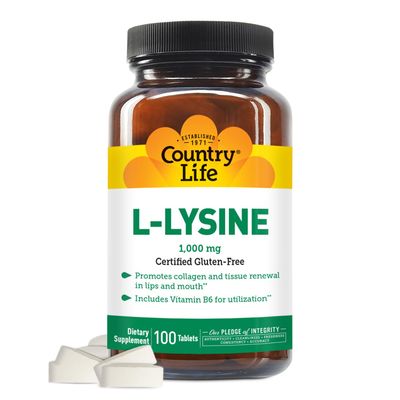 Country Life L-Lysine 1000mg with Vitamin B6-100 Tablets - Promotes Collagen and Tissue Renewal - Aids Utilization - Gluten-Free