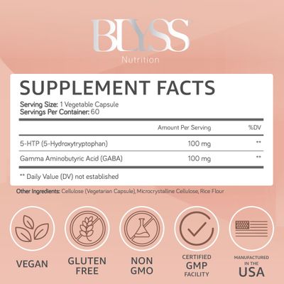 BLYSS Nutrition 5HTP 100mg with GABA Supplement - GABA for Calm Sleep Supplement - 5-HTP Mood Support Supplement - Promotes Better Mood Deep Relaxation & Sleep - Pure & Vegan HTP-5 Capsules for Women