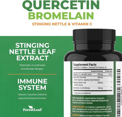 ForestLeaf Quercetin with Bromelain 1350mg - Blend with Vitamin C &amp; Stinging Nettle Supplement, Quercetin 500mg Capsules, Non-GMO Gluten Free, Natural Immune &amp; Respiratory Function, 90 Veggie Caps