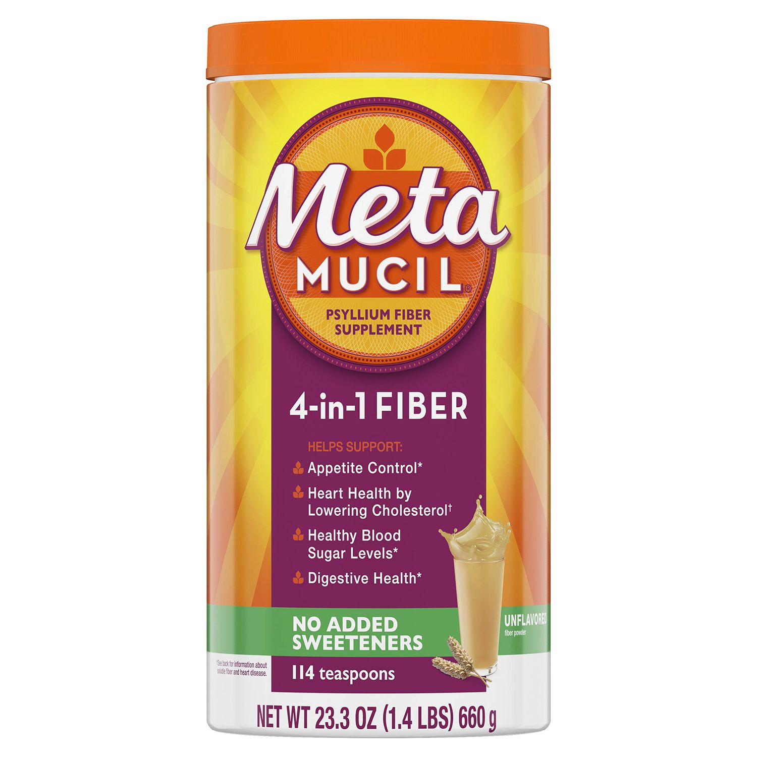 Metamucil Fiber, 4-in-1 Psyllium Fiber Supplement, Sugar Free Powder, Unflavored Drink, 114 Servings (Packaging May Vary)