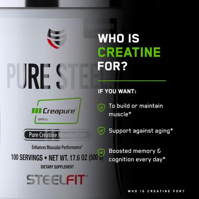 SteelFit Pure Steel Creapure | German Creatine Monohydrate Powder | 100 Servings | Unflavored | Muscle Building Supplements for Men &amp; Women | Gluten Free &amp; Vegan Muscle Recovery