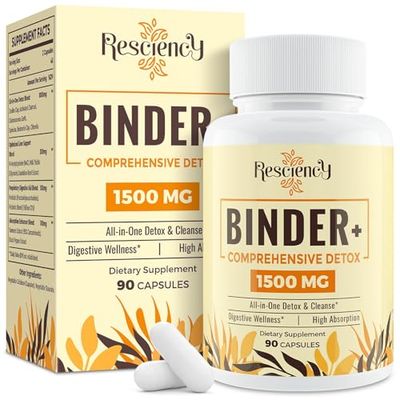 Resciency 1500 MG Detox Binder Supplement - Activated Charcoal, Zeolite, Bentonite Clay - Liver &amp; Gut Detox Cleanse, Toxin Flush, Digestive, Max Absorption, 90 Vegan Capsules