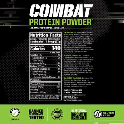 MusclePharm Combat Protein Powder, Chocolate Milk Flavor, Fuels Muscles for Productive Workouts, 5 Protein Sources Including Whey Protein Isolate & Egg Albumin, Gluten Free, 6.2 lb, 77 Servings
