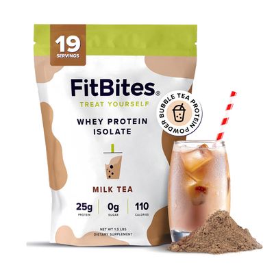 FitBites Boba Tea Protein 100% Whey Protein Powder Isolate (Milk Tea), Natural Energy Coffee Replacement, Sugar Free, Gluten Free, Lactose Free, Soy Free, Real Ingredients, 5.9g BCAAs