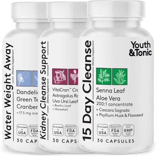 Youth &amp; Tonic Diuretic Full Body Cleanse Detox Pills for Bloating, Puffiness and Swelling, System Flush for Colon, Kidney and Liver Detoxing, 30 Day Supply with Green Tea, Senna, Dandelion, Cranberry