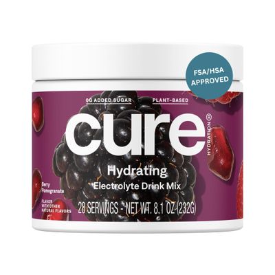 Cure Hydration | Plant-Based Electrolyte Drink Mix | No Added Sugar | FSA &amp; HSA | Dehydration Relief Powder Made with Coconut Water | Non-GMO | Vegan | 28 Servings Jar - Berry Pomegranate