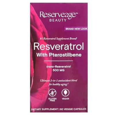 Reserveage Beauty, Resveratrol 500 mg with Pterostilbene, Antioxidant Supplement for Immune Support &amp; Heart Health, Supports Healthy Aging, Paleo, Keto, 60 Capsules (60 Servings)