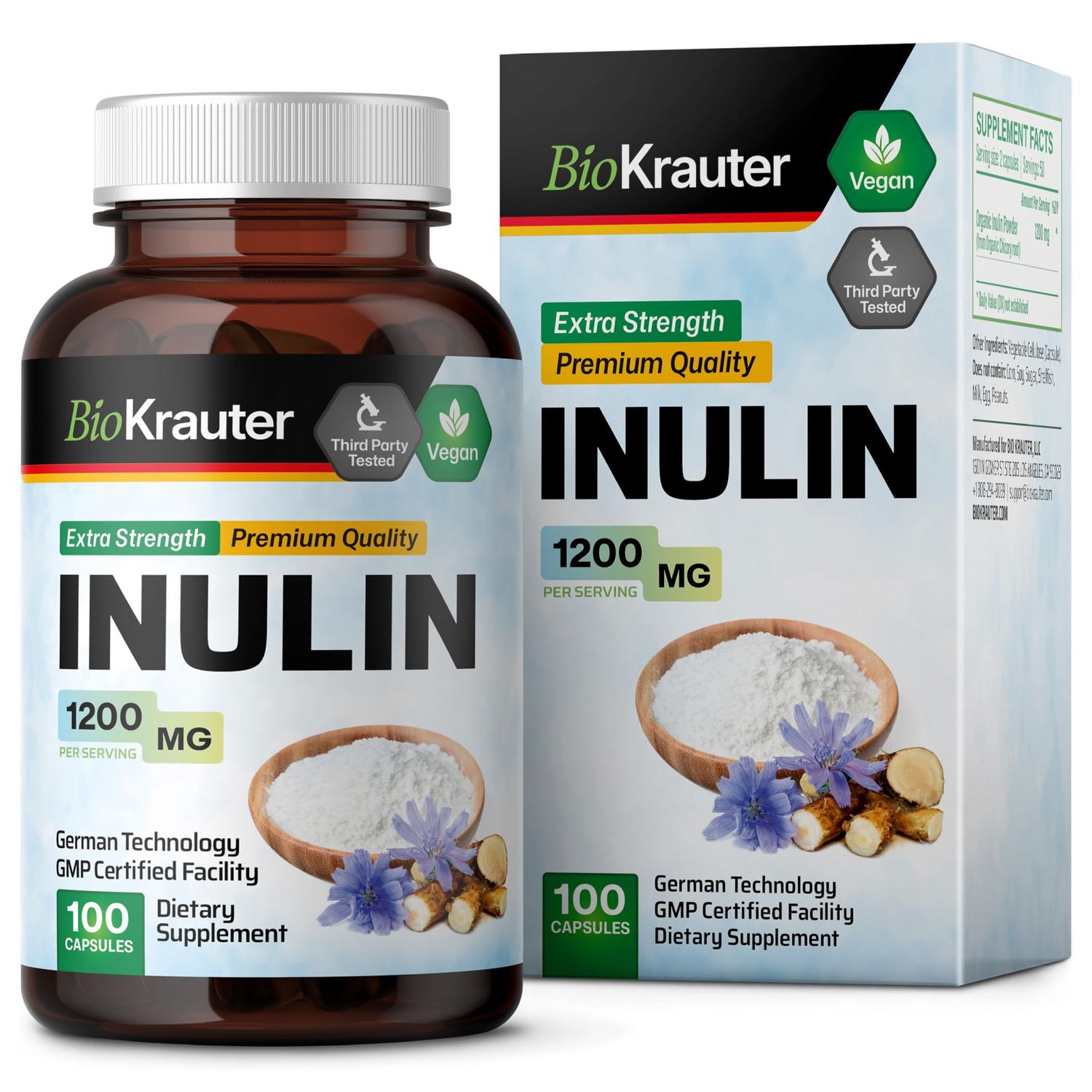 BIO KRAUTER Inulin Powder Capsules - 1200 mg Strength - 100 Count - Fiber Supplement - Chicory Root Fiber Capsules for Digestive Support - Pure Soluble Fiber Supplements - Vegan Inulin Capsules