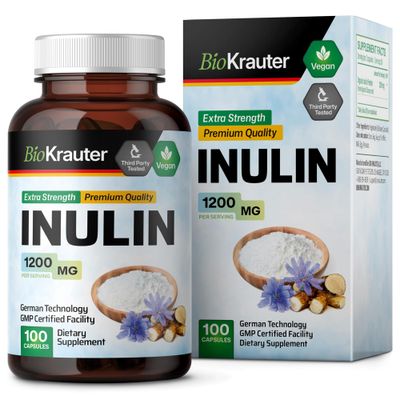 BIO KRAUTER Inulin Powder Capsules - 1200 mg Strength - 100 Count - Fiber Supplement - Chicory Root Fiber Capsules for Digestive Support - Pure Soluble Fiber Supplements - Vegan Inulin Capsules