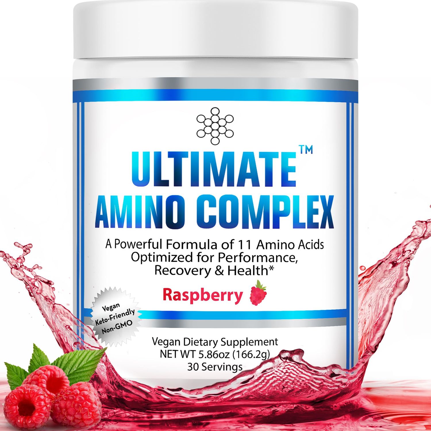 Ultimate Amino Complex Powder (Berry Flavor, 30 Servings, 4g Each) All 9 Essential Amino Acids Supplement with Cystine &amp; Tyrosine - 2:1:1 BCAA Ratio - Energy, Lean Muscle &amp; Recovery - Vegan &amp; Non-GMO