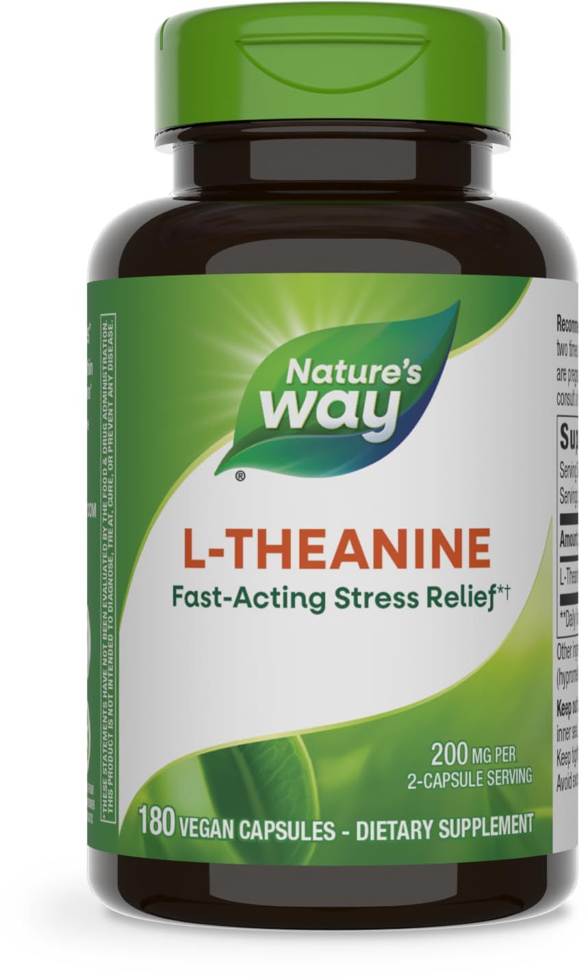 Nature&#39;s Way L-Theanine, Stress Support*, Promotes Relaxation*, 200 mg per 2-Capsule Serving, Vegan, 180 Capsules (Packaging May Vary)