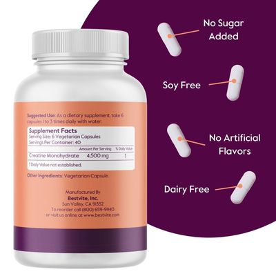 BESTVITE Creatine Monohydrate 750mg (240 Vegetarian Capsules) - Micronized - No Stearates - Vegan - Non GMO - No Gelatin - Gluten Free - Creatine Capsules