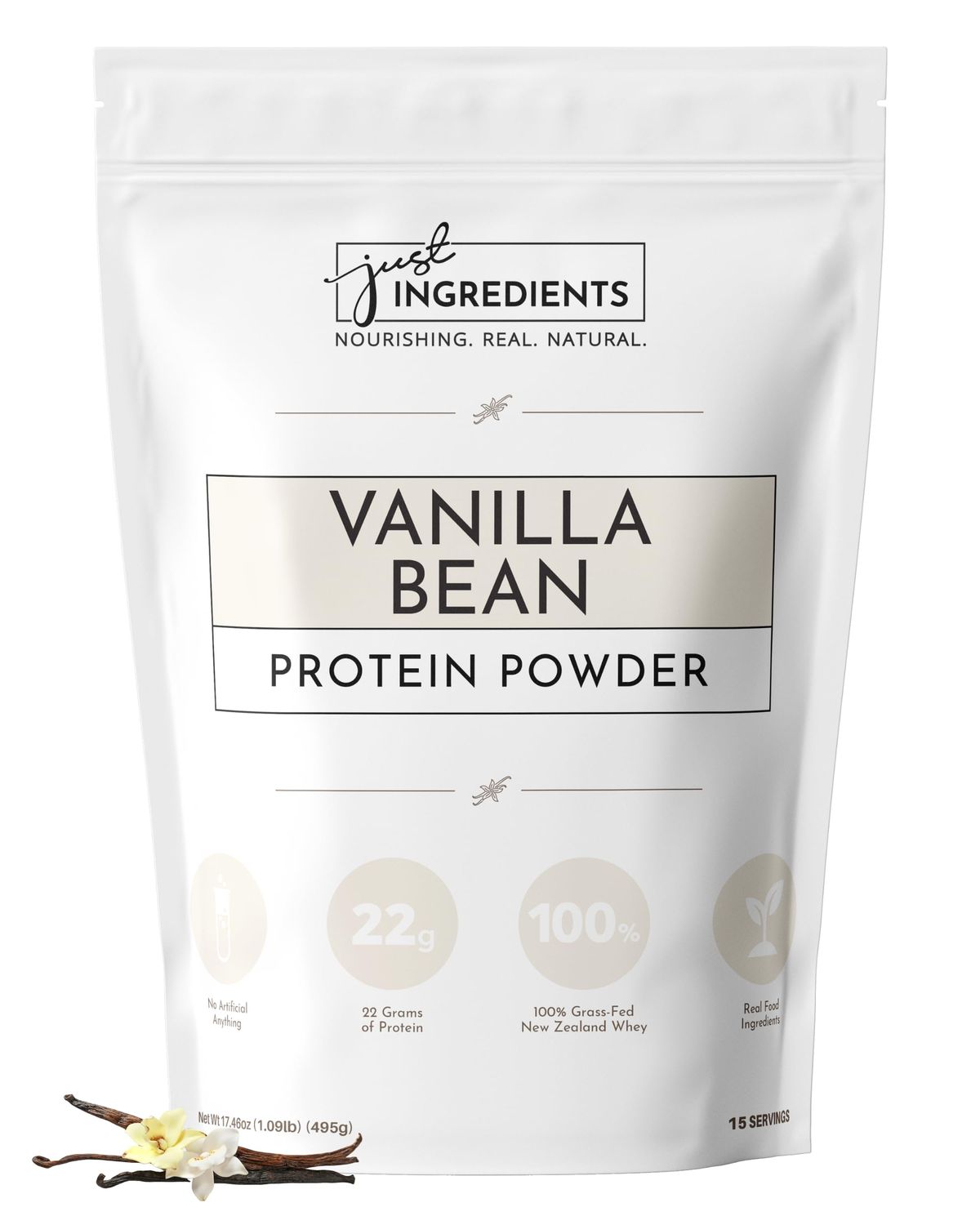 JUST INGREDIENTS Protein Powder | Vanilla Protein Powder Made with 100% Grass Fed, Non Denatured Whey | Four Different Protein Sources from Organic Whole Food Ingredients | 15 Servings | 22g Protein