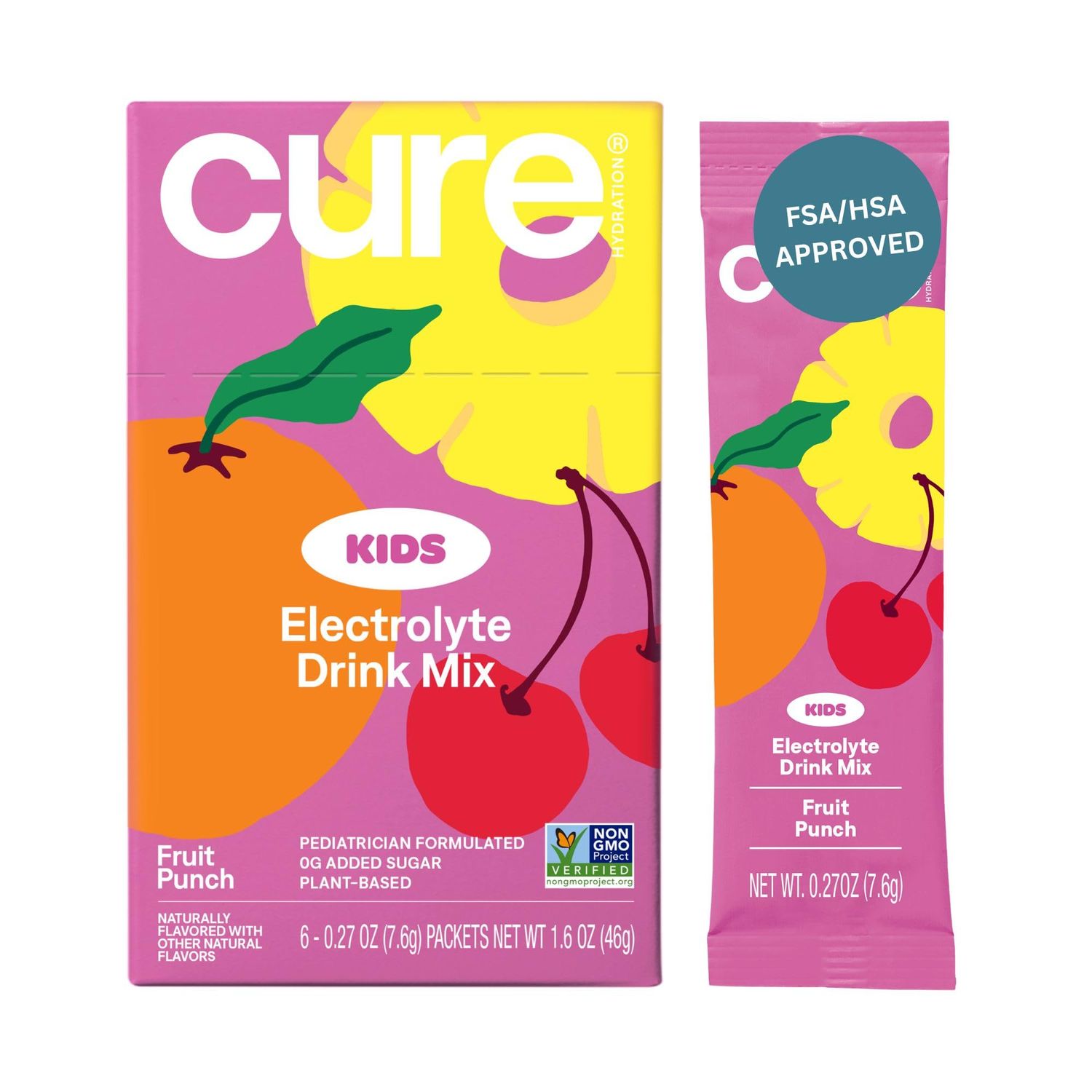 Cure Hydration - Kids Electrolyte Drink Mix | Plant-Based Pediatrician Formulated Rehydration | No Added Sugar, Non-GMO, Gluten-Free, No Artificial Flavors, FSA &amp; HSA | Box of 6 Packets - Fruit Punch