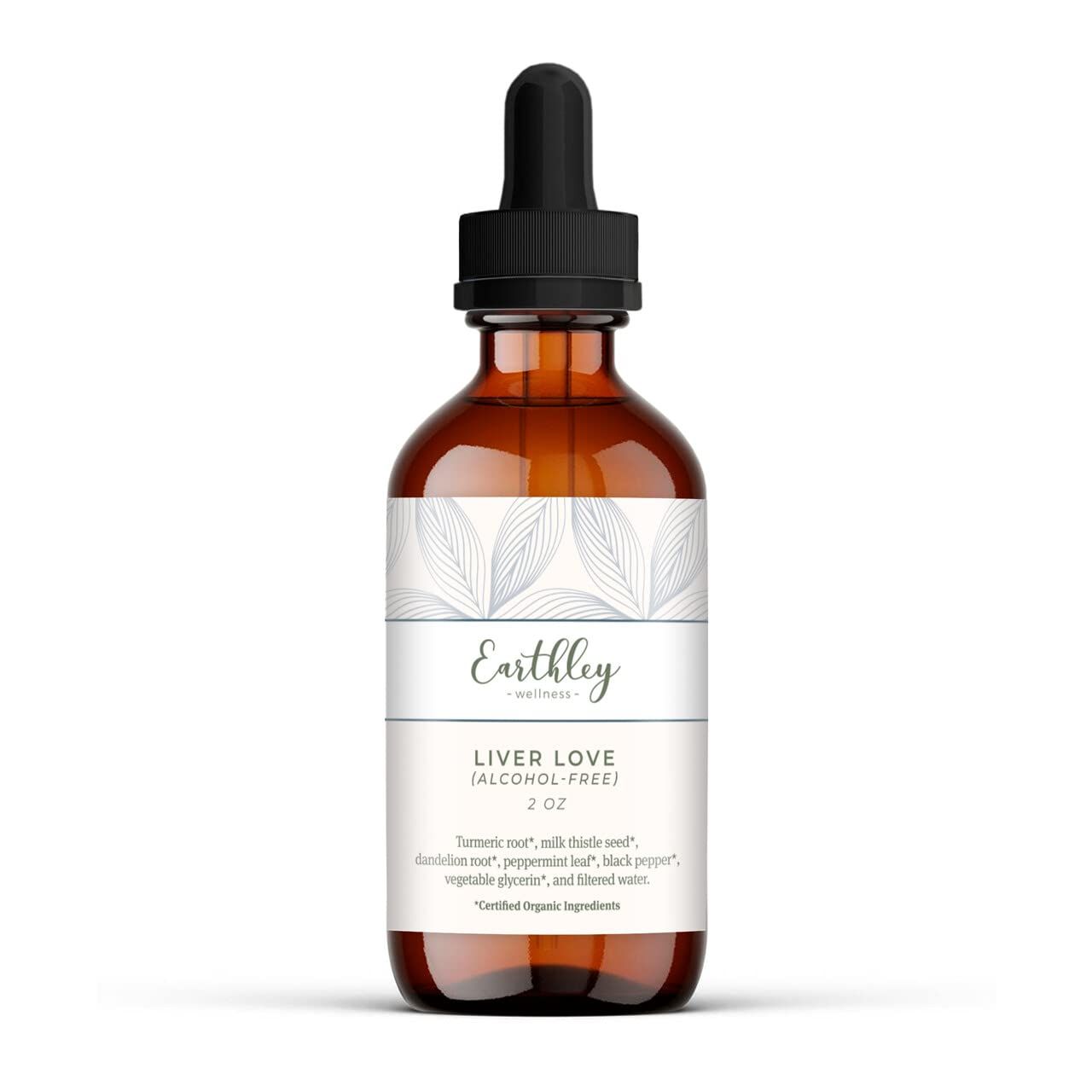 Earthley Wellness Liver Love, Herbal Tincture, Natural Liver Support, Detox Support, Turmeric Root, Dandelion Root, Peppermint Leaf, Black Pepper, 100% Organic, 2oz (Alcohol-Free)